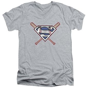 Superman Crossed Bats Short Sleeve Adult V Neck T-shirt