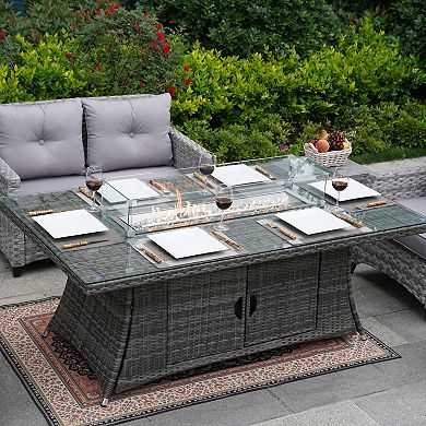Wicker Patio 50000-btu Fire Pit Table, Dining Table With Tempered Glass