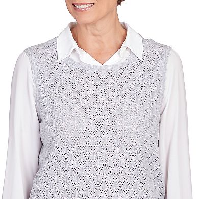 Women's Alfred Dunner Collar Layered Pearl Trim Sweater