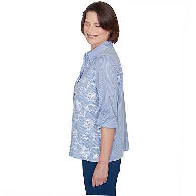 Alfred Dunner Pinstripe Embroidered Sleeve Top with Necklace - Plus