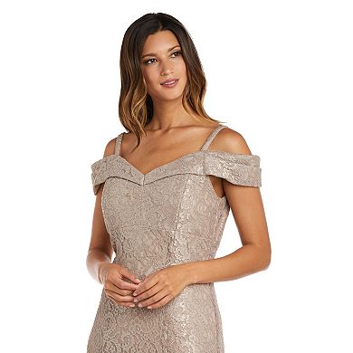 Petite R&M Richards Long Empire Waist Off the Shoulder Dress With Mermaid Bottom