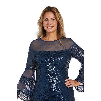 Petite R&M Richards Short Illusion Sequin Bodice And Bell Sleeve Dress