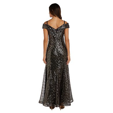 Petite R&M Richards Long Off the Shoulder Sequin Gown With Empire Waist