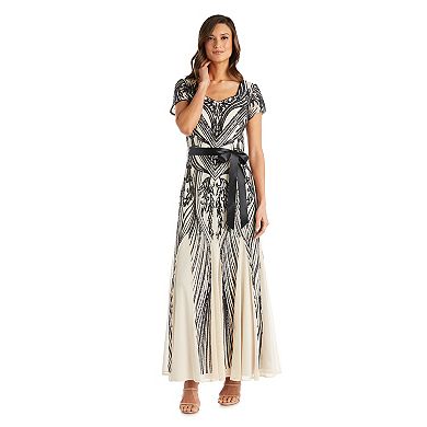 Petite R&M Richards Embroidered Sequin Panel Sweetheart Maxi Godet Dress