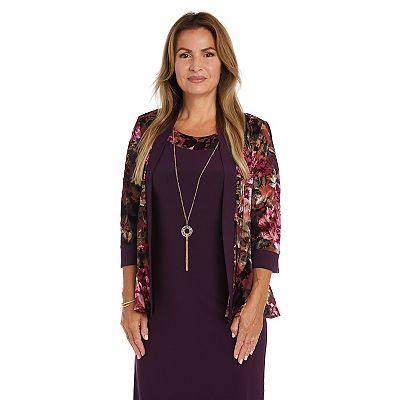 Petite R M Richards 2 Piece Velvet Floral Burnout Jacket Dress with Necklace