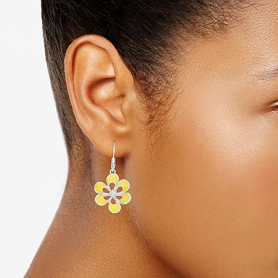 Napier Silver Tone Yellow Enameled Flower Drop Earrings