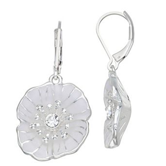 Napier Silver Tone White Glass Flower Drop Earrings