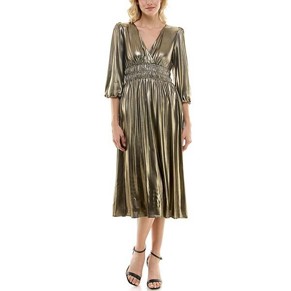 Women's Maison Tara Gold Knit V-Neck Fit & Flare Midi Dress