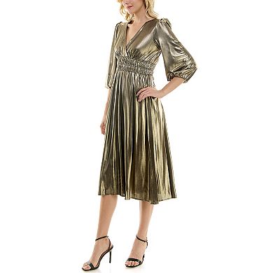 Women's Maison Tara Gold Knit V-Neck Fit & Flare Midi Dress