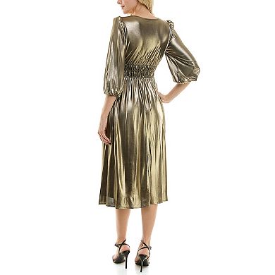 Women's Maison Tara Gold Knit V-Neck Fit & Flare Midi Dress