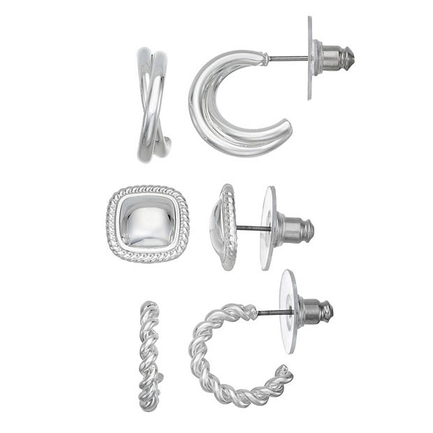 Napier Silver Tone Stud and Hoop Earring Trio
