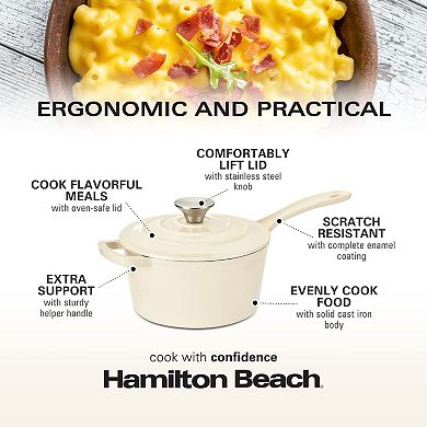 Hamilton Beach Enameled Cast Iron Sauce Pan 2qt Gray, Cream Enamel Coating, Safe Up To 400 Degrees