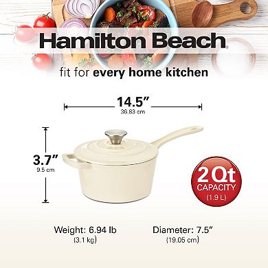 Hamilton Beach Enameled Cast Iron Sauce Pan 2qt Gray, Cream Enamel Coating, Safe Up To 400 Degrees