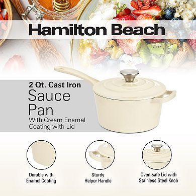 Hamilton Beach Enameled Cast Iron Sauce Pan 2qt Gray, Cream Enamel Coating, Safe Up To 400 Degrees