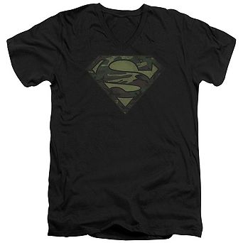 Superman Camo Logo Distressed Short Sleeve Adult V Neck T-shirt