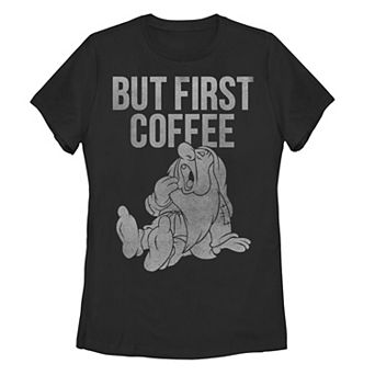 Juniors' Snow White And The Seven Dwarfs Sleepy But First Coffee Graphic Tee