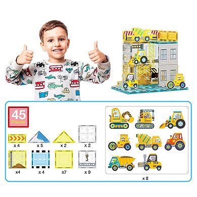 PicassoTiles 45 Piece Construction, STEM Toy Magnet Tile, Building Block for Kid Age 3 & Up, PTQ11