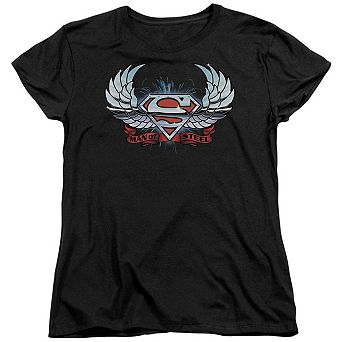 Superman Chrome Wings Shield Short Sleeve Womens T-shirt