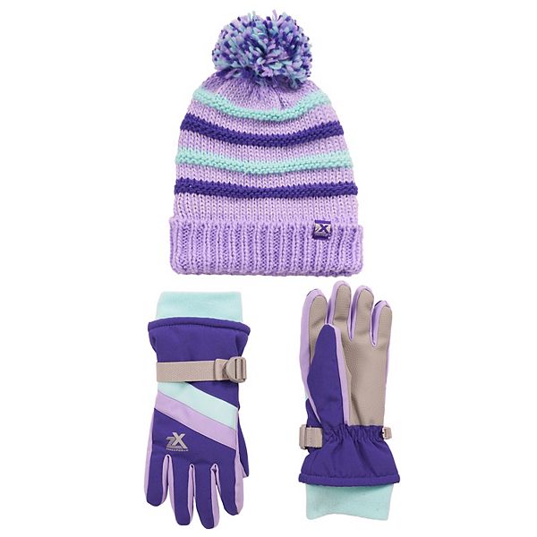 Girls 4-16 ZeroXposur Ski Gloves & Beanie Set - Grape (M-L)