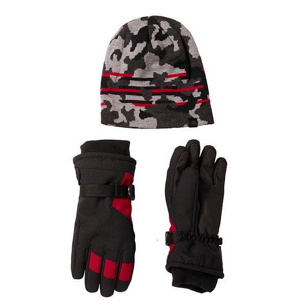 Boys ZeroXposur Camo Stripe Reversible Beanie & Winter Glove Set - Black Red (S/M)