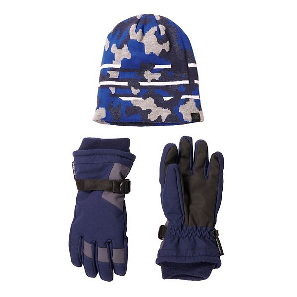 Boys ZeroXposur Camo Stripe Reversible Beanie & Winter Glove Set - Navy (S/M)