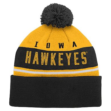 Youth Black Iowa Hawkeyes Redzone Jacquard Cuffed Knit Hat with Pom