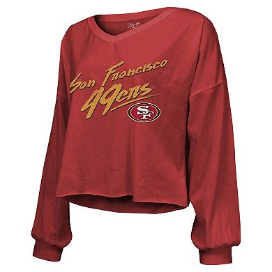 Women's Majestic Threads Brock Purdy Scarlet San Francisco 49ers Name & Number Script Off-Shoulder Cropped Long Sleeve T-Shirt