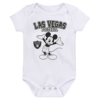 Newborn & Infant Black/White/Gray Las Vegas Raiders Three-Piece Disney Game Time Bodysuit Set