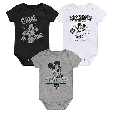 Newborn & Infant Black/White/Gray Las Vegas Raiders Three-Piece Disney Game Time Bodysuit Set