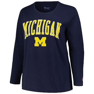 Women's Profile Navy Michigan Wolverines Plus Size Arch Over Logo Scoop Neck Long Sleeve T-Shirt