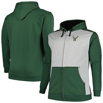 Men's Fanatics Branded Hunter Green/Heather Gray Milwaukee Bucks Big & Tall Contrast Pieced Stitched Full-Zip Hoodie
