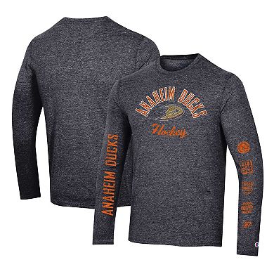 Men's Champion Heather Black Anaheim Ducks Multi-Logo Tri-Blend Long Sleeve T-Shirt