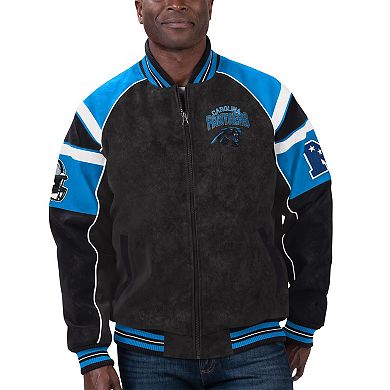 Men's G-III Sports by Carl Banks  Black Carolina Panthers Faux Suede Raglan Full-Zip Varsity Jacket