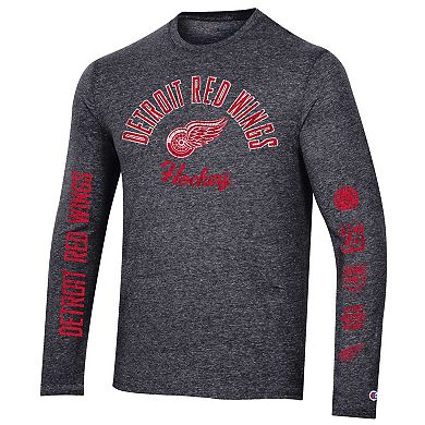 Men's Champion Heather Black Detroit Red Wings Multi-Logo Tri-Blend Long Sleeve T-Shirt