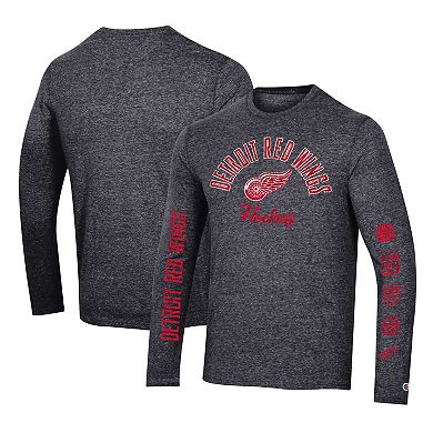 Men's Champion Heather Black Detroit Red Wings Multi-Logo Tri-Blend Long Sleeve T-Shirt