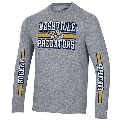Men's Champion Heather Gray Nashville Predators Tri-Blend Dual-Stripe Long Sleeve T-Shirt