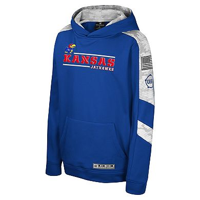 Youth Colosseum Royal Kansas Jayhawks OHT Military Appreciation Cyclone Digital CamoÂ Pullover Hoodie