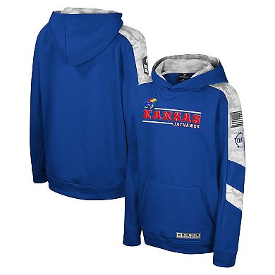 Youth Colosseum Royal Kansas Jayhawks OHT Military Appreciation Cyclone Digital CamoÂ Pullover Hoodie