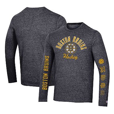 Men's Champion Heather Black Boston Bruins Multi-Logo Tri-Blend Long Sleeve T-Shirt