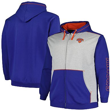 Men's Fanatics Branded Blue/Heather Gray New York Knicks Big & Tall Contrast Pieced Stitched Full-Zip Hoodie