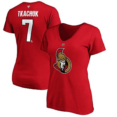 Women's Fanatics Branded Brady Tkachuk Red Ottawa Senators Authentic Stack Name & Number V-Neck T-Shirt