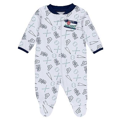Newborn & Infant WEAR by Erin Andrews White Seattle Mariners Sleep & Play Full-Zip Footed Jumper with Bib