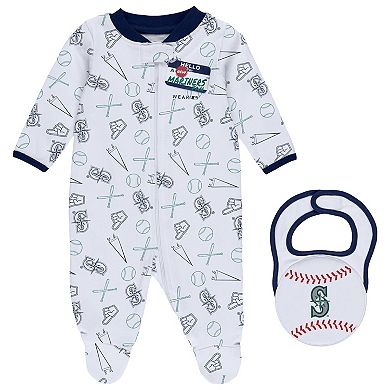 Newborn & Infant WEAR by Erin Andrews White Seattle Mariners Sleep & Play Full-Zip Footed Jumper with Bib