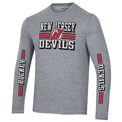 Men's Champion Heather Gray New Jersey Devils Tri-Blend Dual-Stripe Long Sleeve T-Shirt