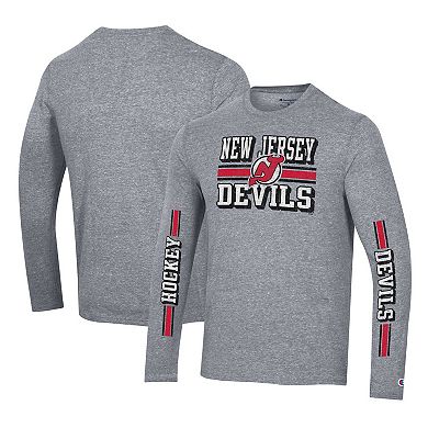 Men's Champion Heather Gray New Jersey Devils Tri-Blend Dual-Stripe Long Sleeve T-Shirt