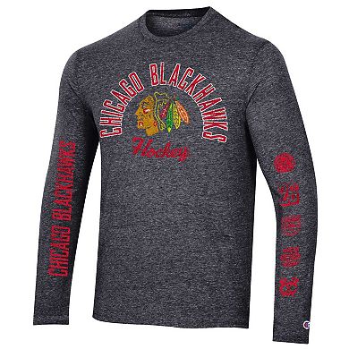 Men's Champion Heather Black Chicago Blackhawks Multi-Logo Tri-Blend Long Sleeve T-Shirt