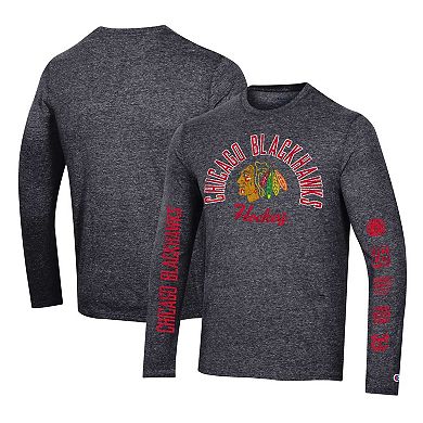 Men's Champion Heather Black Chicago Blackhawks Multi-Logo Tri-Blend Long Sleeve T-Shirt