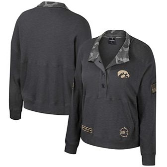 Women's Colosseum Heather Charcoal Iowa Hawkeyes OHT Military Appreciation Payback Henley Thermal Sweatshirt