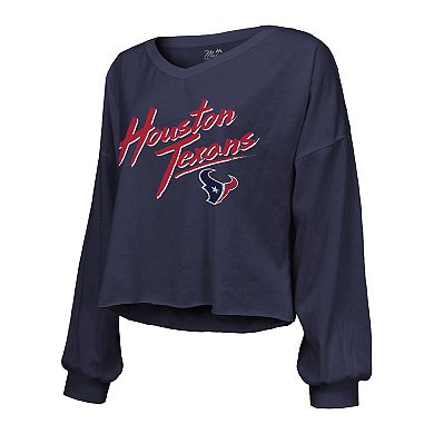 Women's Majestic Threads C.J. Stroud Navy Houston Texans Name & Number Script Off-Shoulder Cropped Long Sleeve T-Shirt