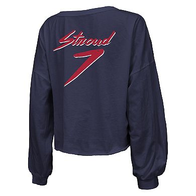 Women's Majestic Threads C.J. Stroud Navy Houston Texans Name & Number Script Off-Shoulder Cropped Long Sleeve T-Shirt